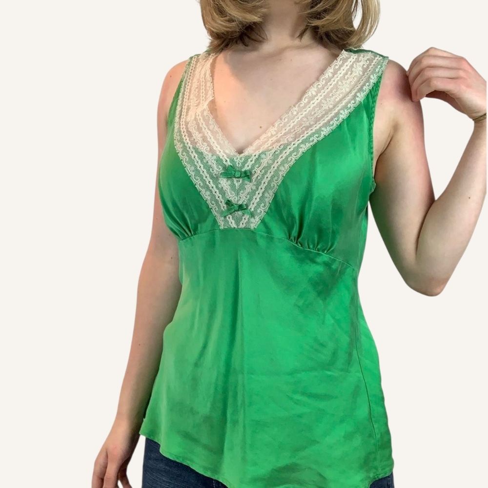 Cute Y2k Green Satin Lace Trim Silk Cami Top 💚
